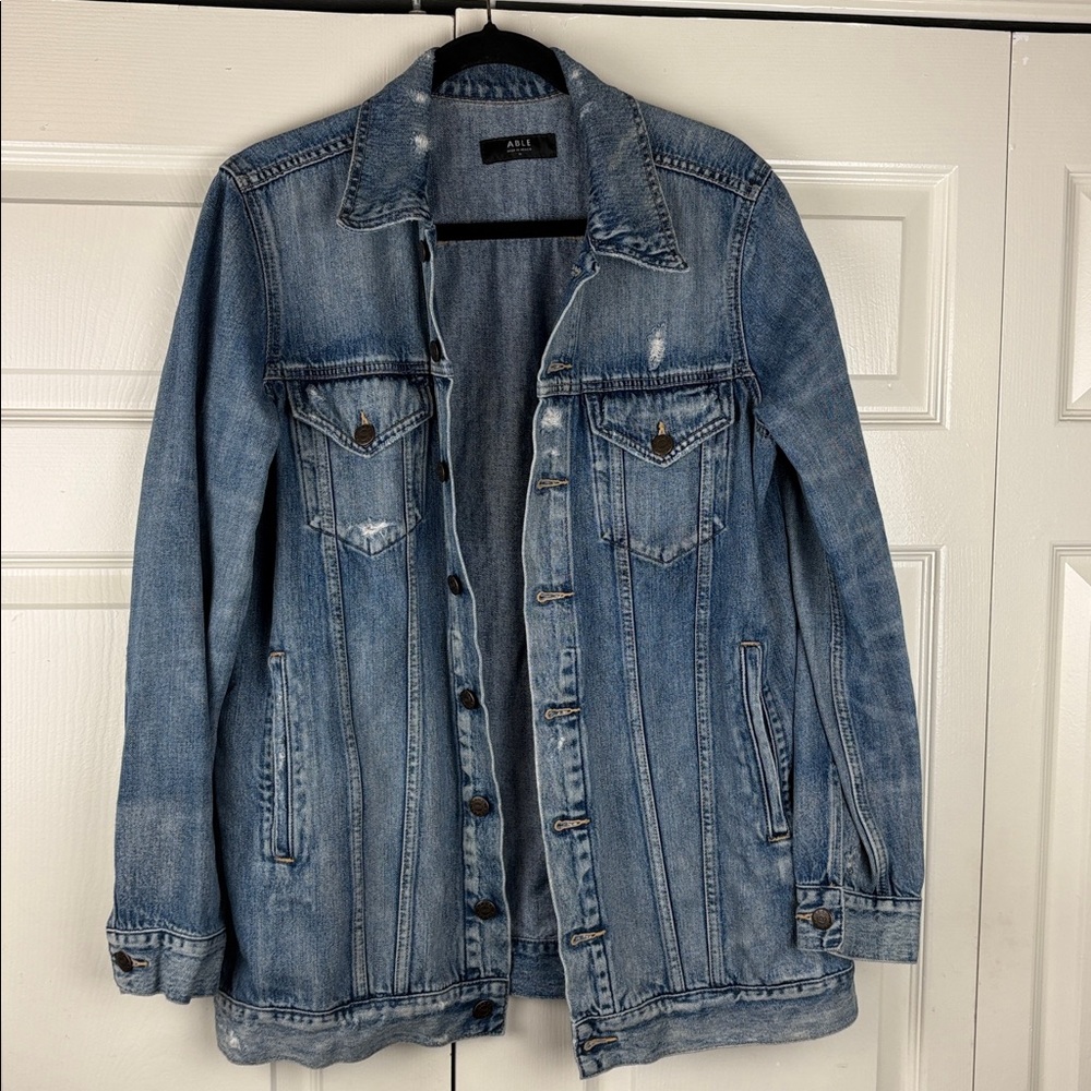 ABLE Merly Denim Distressed Medium Wash Jean Jacket Sustainable Brand Size Med - Picture 3 of 10